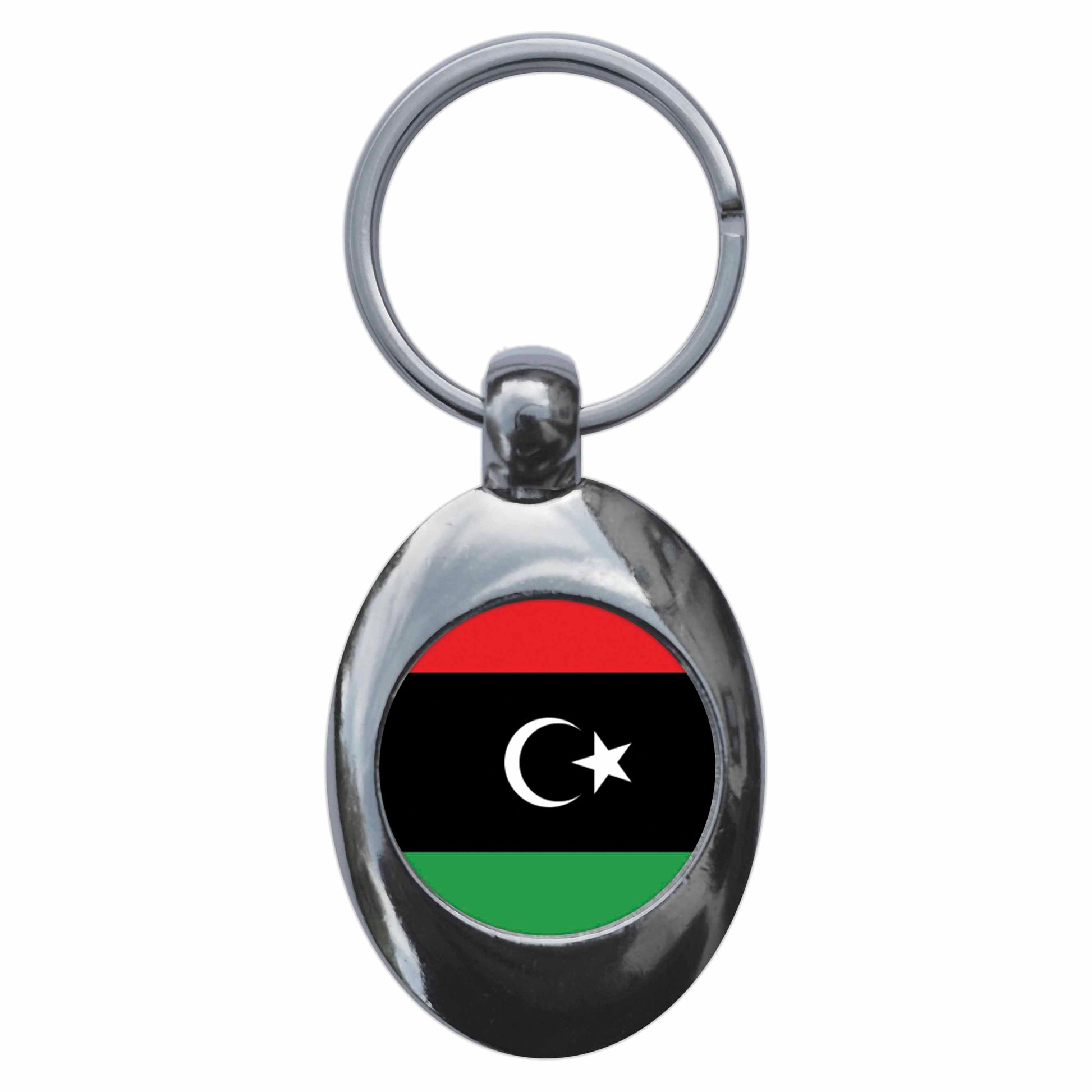 A picture of the front of the product, titled Libya Libyan National Flag Metal Keyring With Trolley Coin