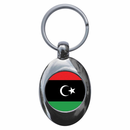 A picture of the front of the product, titled Libya Libyan National Flag Metal Keyring With Trolley Coin