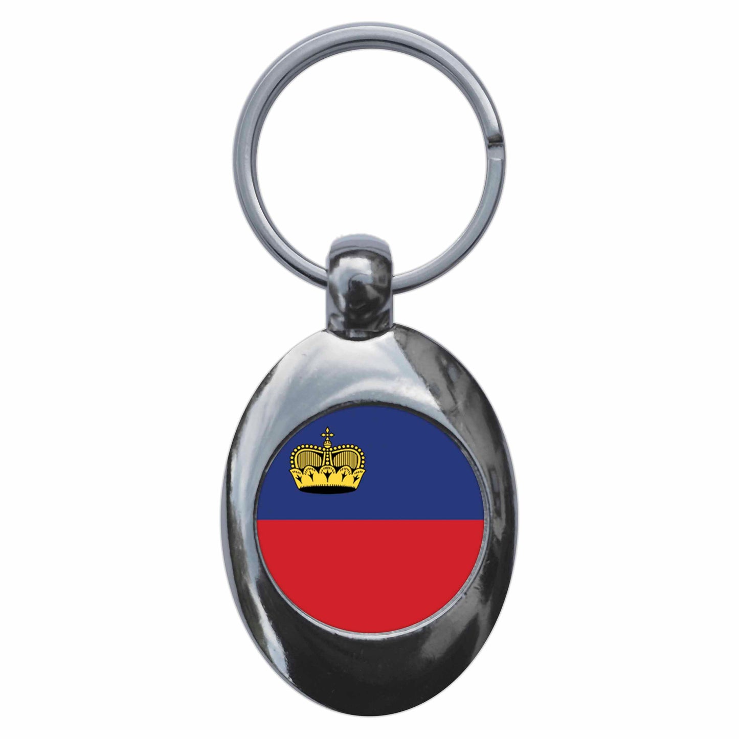 A picture of the front of the product, titled Liechtenstein National Flag Metal Keyring With Trolley Coin