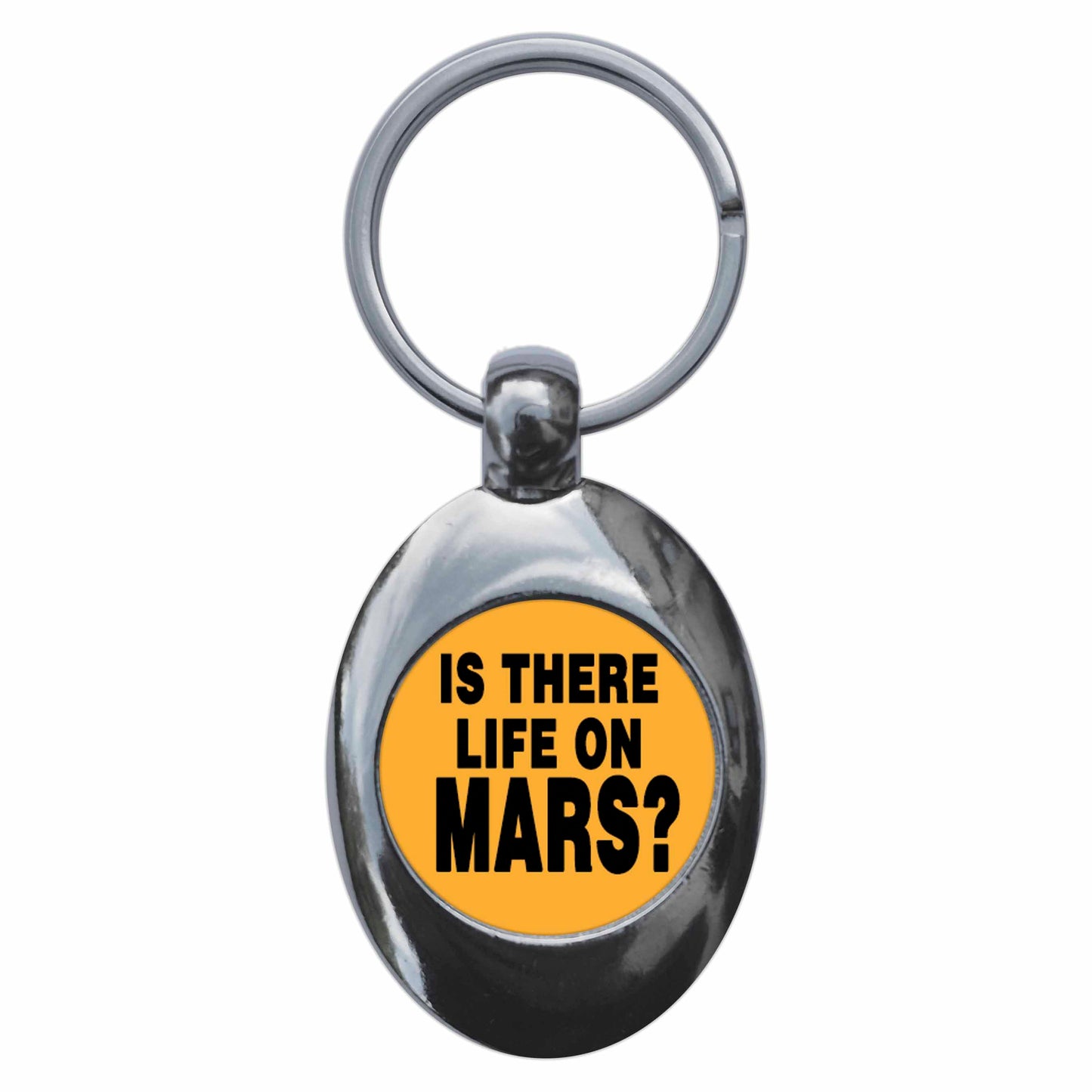 A picture of the front of the product, titled Is There Life On Mars Metal Keyring With Trolley Coin