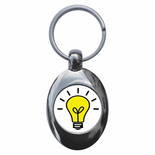 A picture of the front of the product, titled Light Bulb Moment Idea Metal Keyring With Trolley Coin