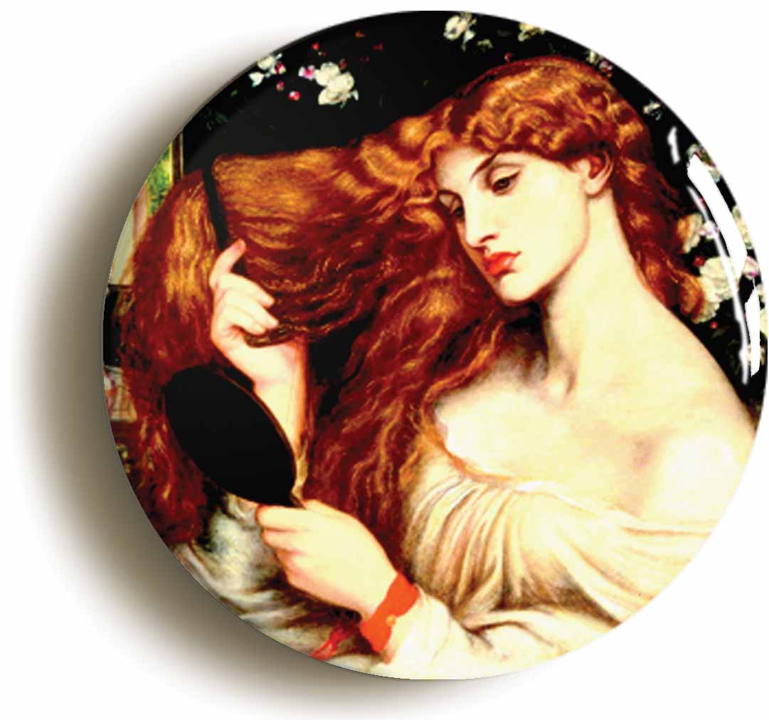 A picture of the front of the product, titled Rossetti Lillith Pre Raphaelite Button Pin Badge