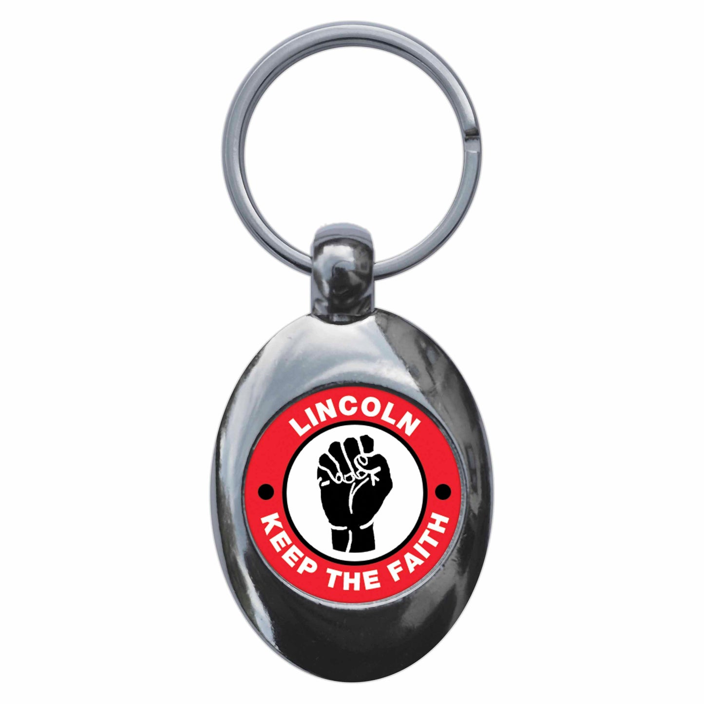 A picture of the front of the product, titled Lincoln Keep The Faith Northern Soul Metal Keyring With Trolley Coin