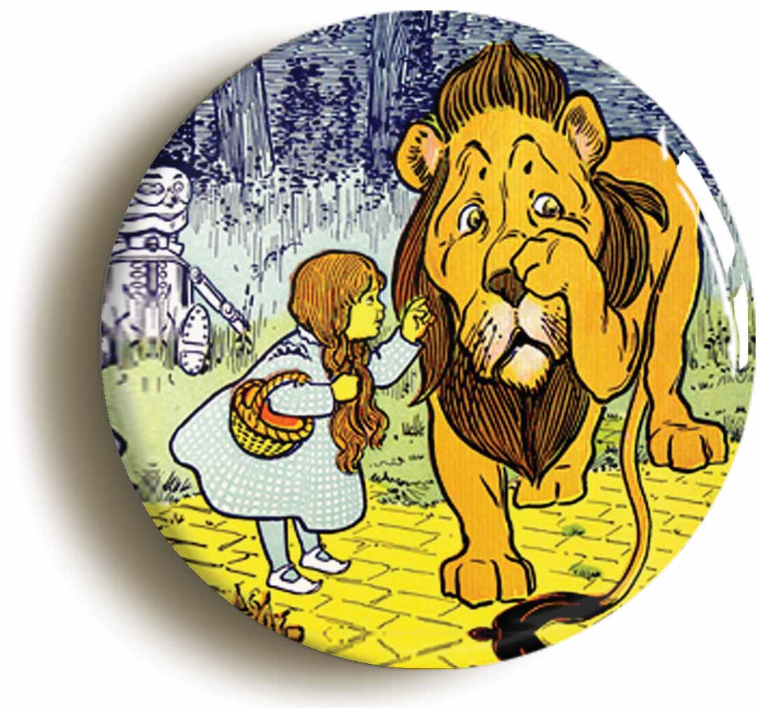 A picture of the front of the product, titled Cowardly Lion & Dorothy Wizard Of Oz Button Pin Badge