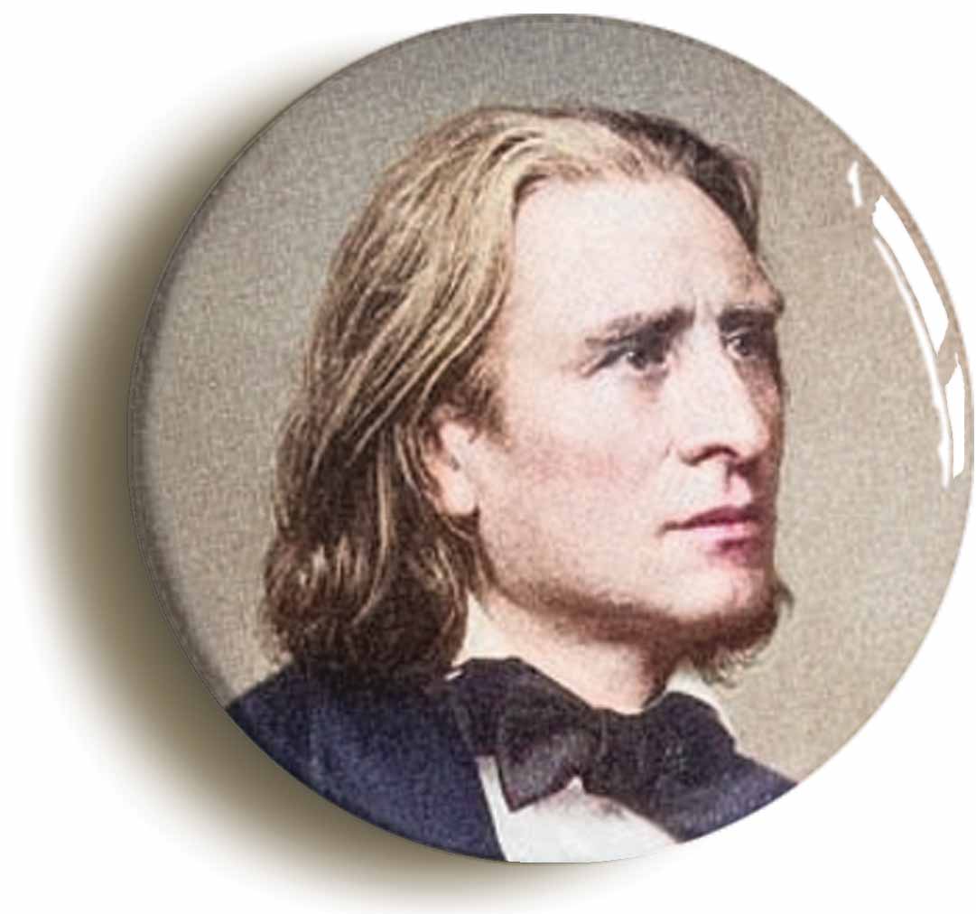 A picture of the front of the product, titled Franz Liszt Romantic Classical Music Button Pin Badge
