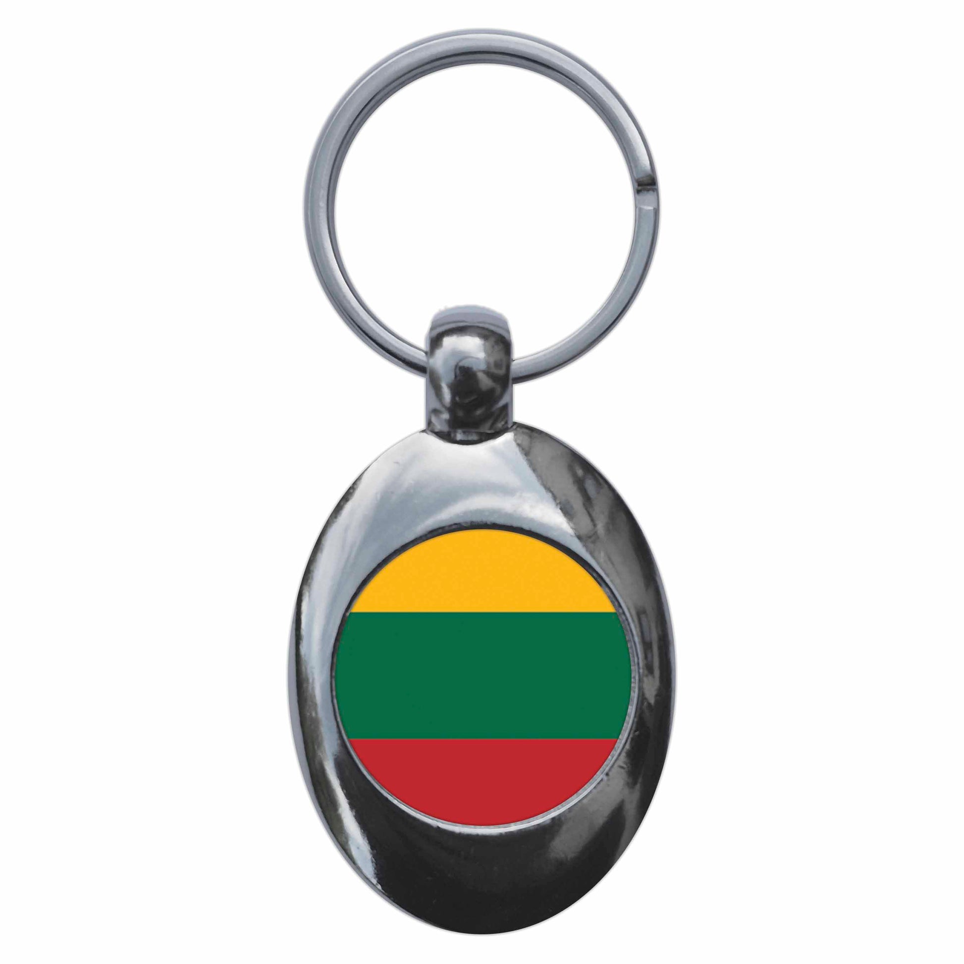 A picture of the front of the product, titled Lithuania Lithuanian National Flag Metal Keyring With Trolley Coin