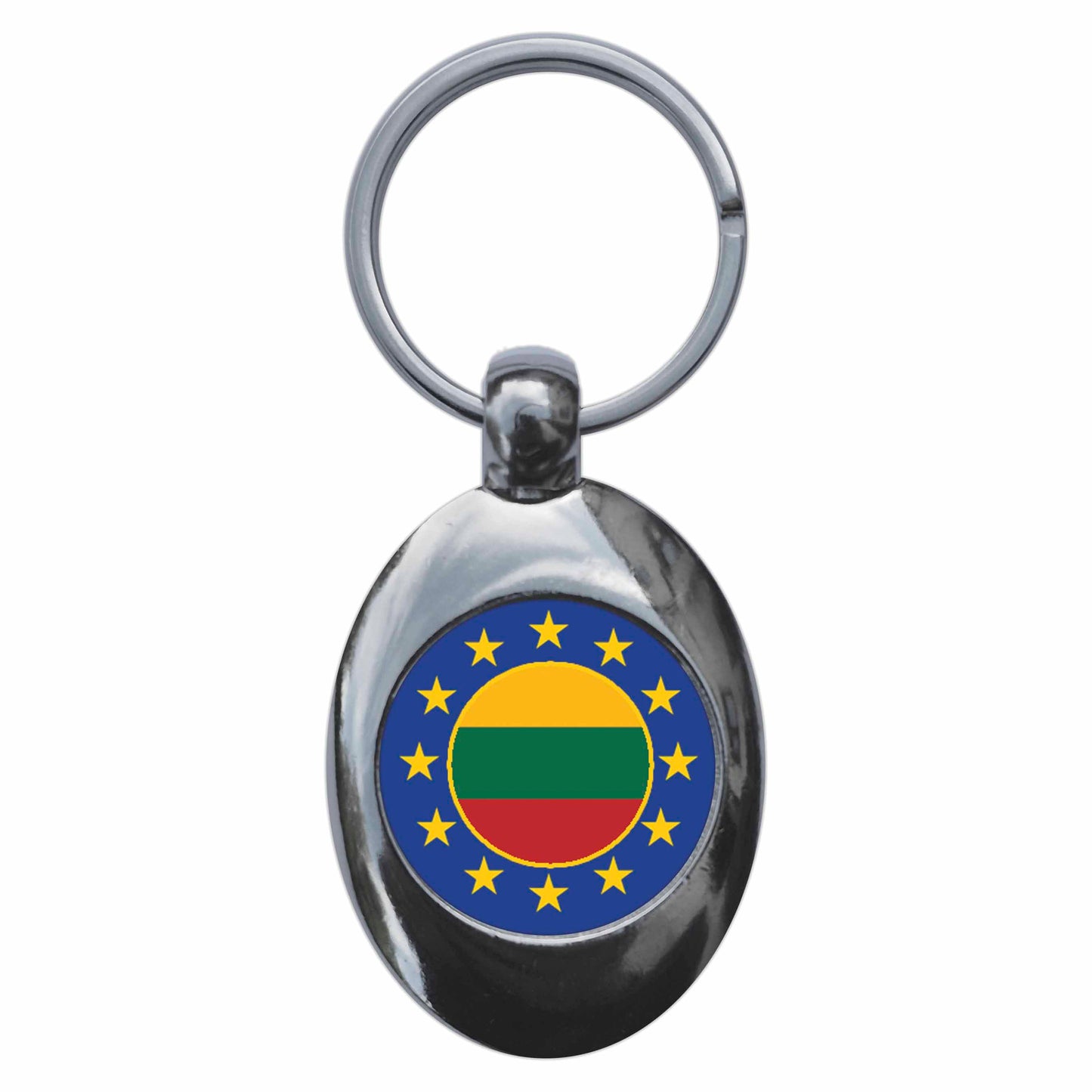 A picture of the front of the product, titled Lithuania European Union Split Flag Metal Keyring With Trolley Coin
