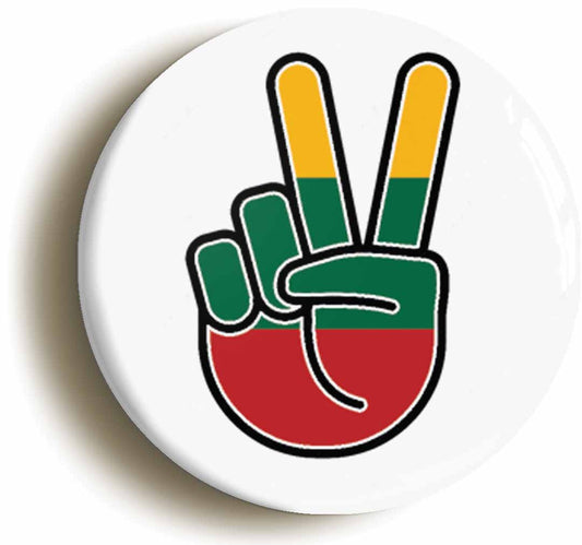 A picture of the front of the product, titled Lithuania Lithuanian National Flag Peace Sign V Button Pin Badge