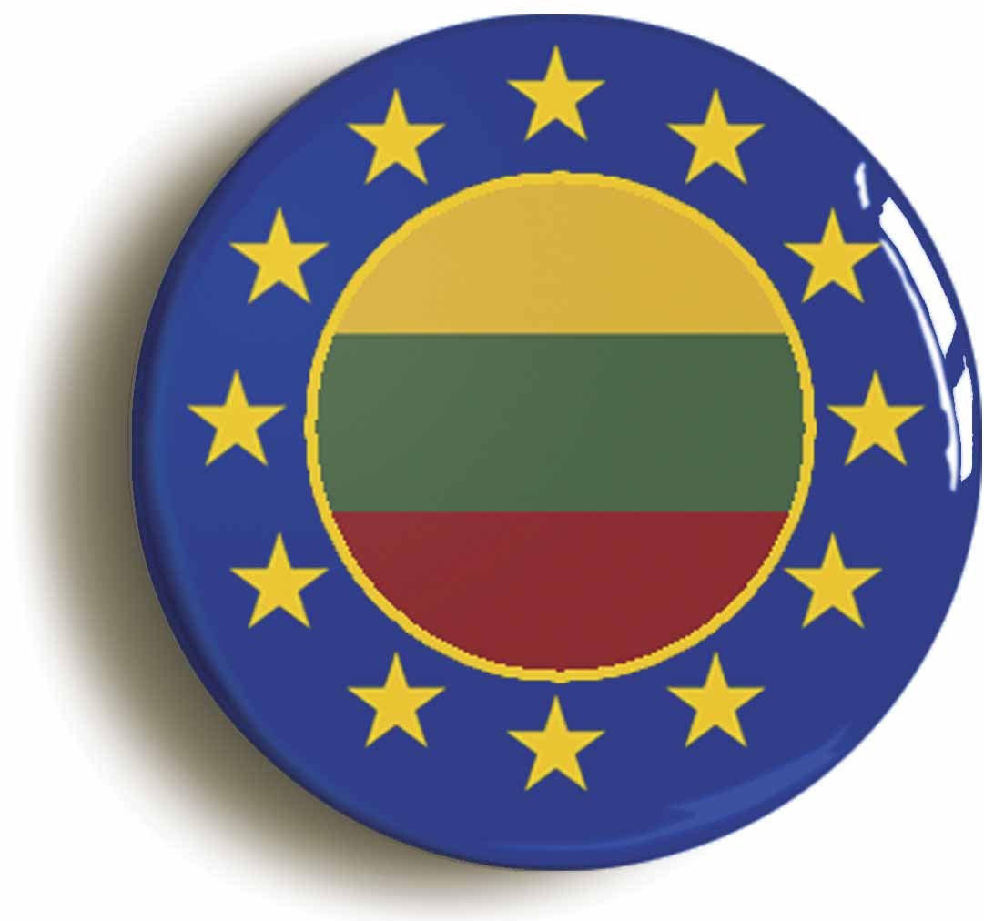 A picture of the front of the product, titled Lithuania European Union Split Flag Circular 50mm Fridge Magnet