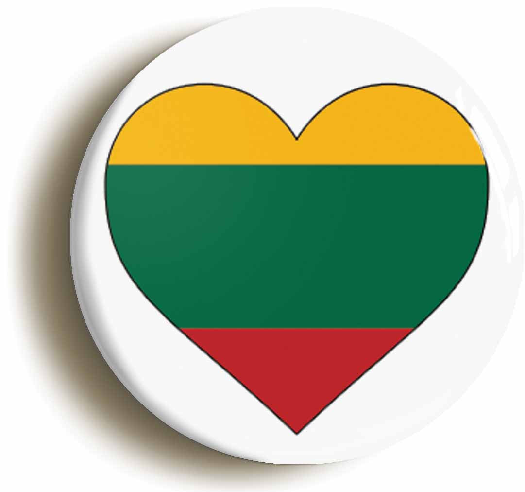 A picture of the front of the product, titled Lithuania Lithuanian Flag Heart Button Pin Badge
