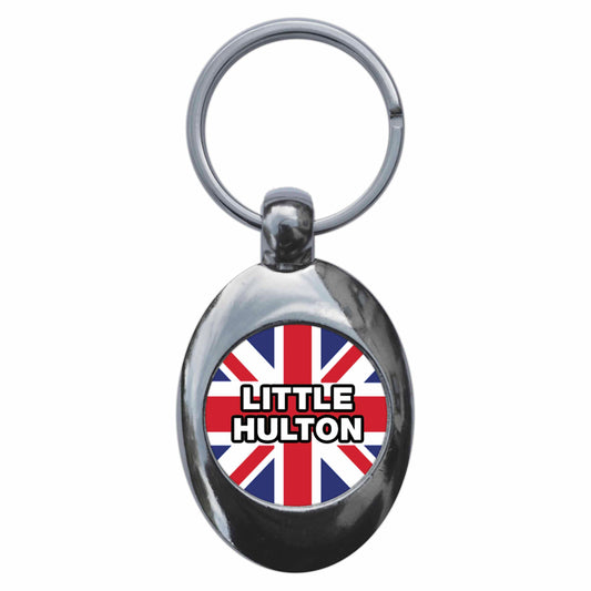 A picture of the front of the product, titled Little Hulton Union Jack Metal Keyring With Trolley Coin