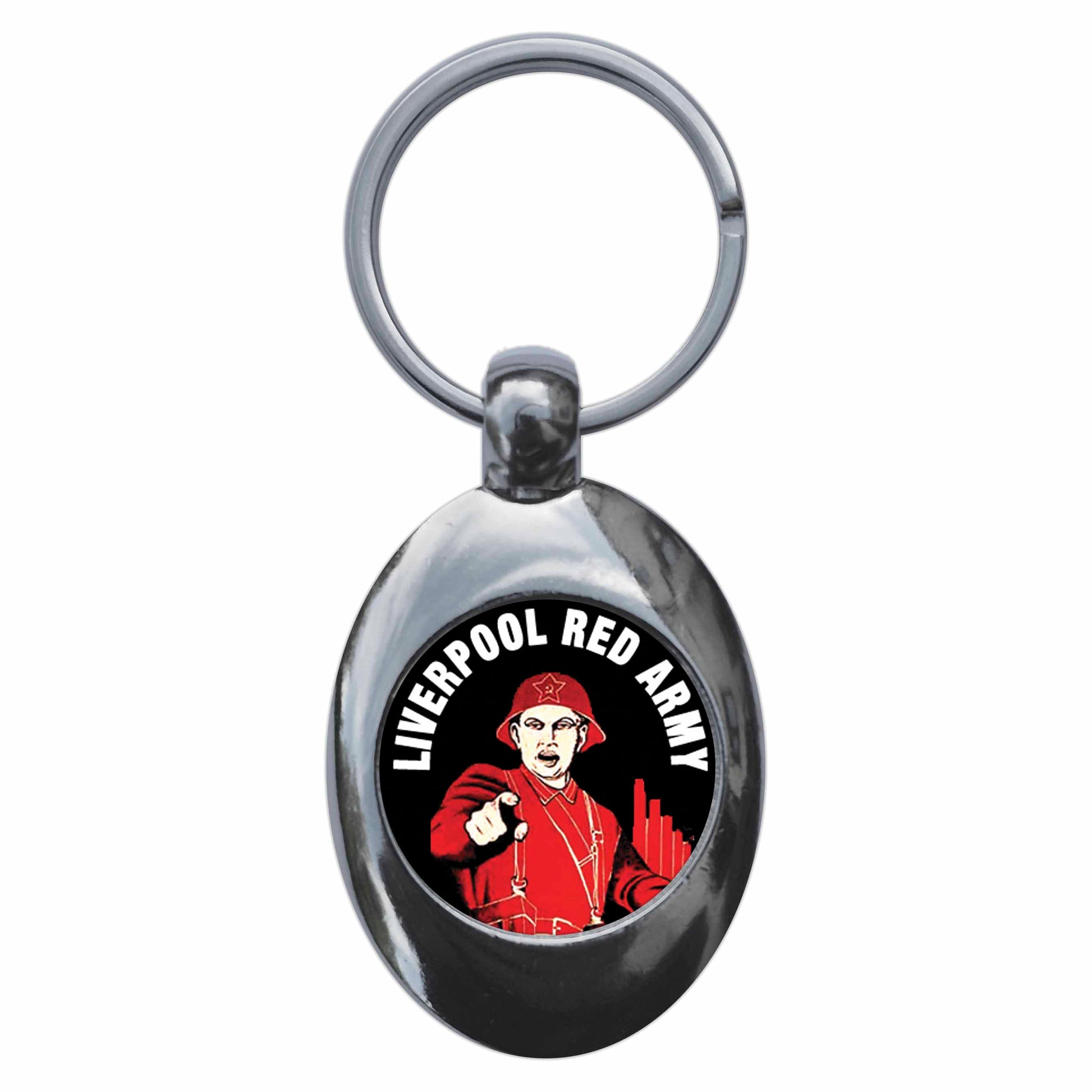 A picture of the front of the product, titled Liverpool Red Army Metal Keyring With Trolley Coin