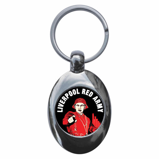 A picture of the front of the product, titled Liverpool Red Army Metal Keyring With Trolley Coin