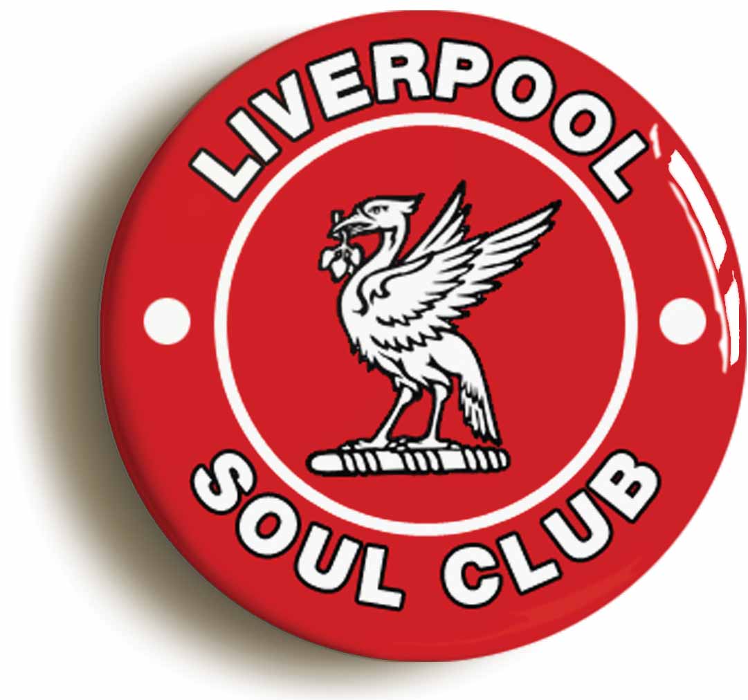 A picture of the front of the product, titled Northern Soul Liverpool Soul Club Button Pin Badge