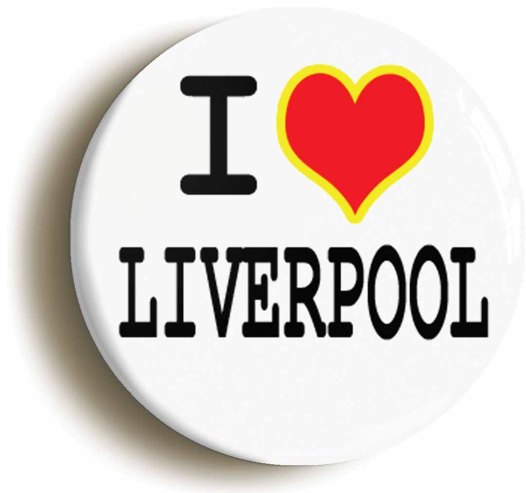 A picture of the front of the product, titled I Heart Love Liverpool Circular 50mm Fridge Magnet