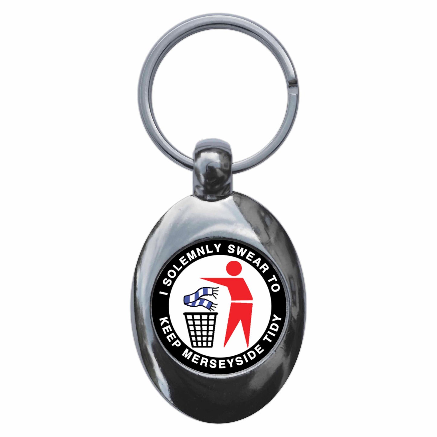 A picture of the front of the product, titled I Solemnly Swear To Keep Merseyside Tidy - L Metal Keyring With Trolley Coin