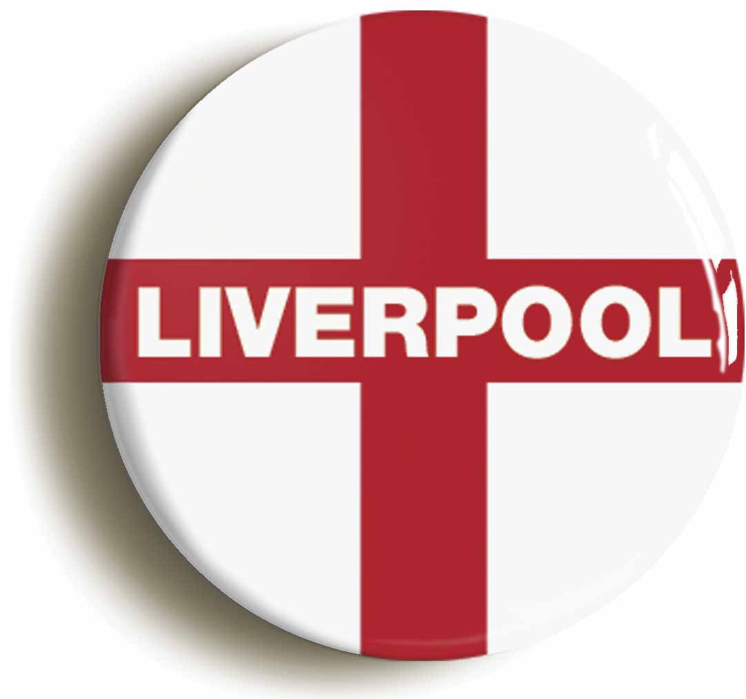 A picture of the front of the product, titled Liverpool England Flag Circular 50mm Fridge Magnet