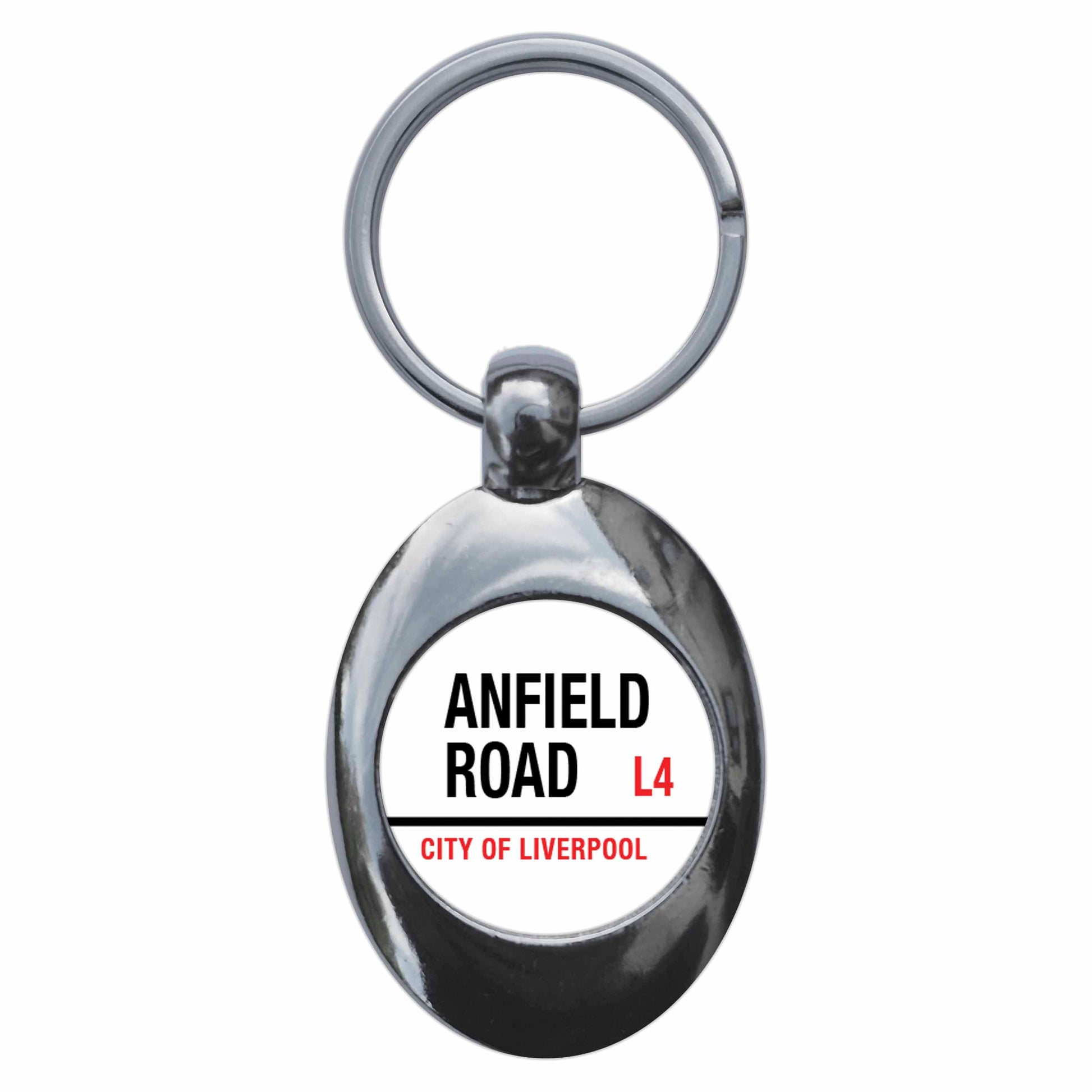 A picture of the front of the product, titled Anfield Road L4 City Of Liverpool Road Sign Metal Keyring With Trolley Coin