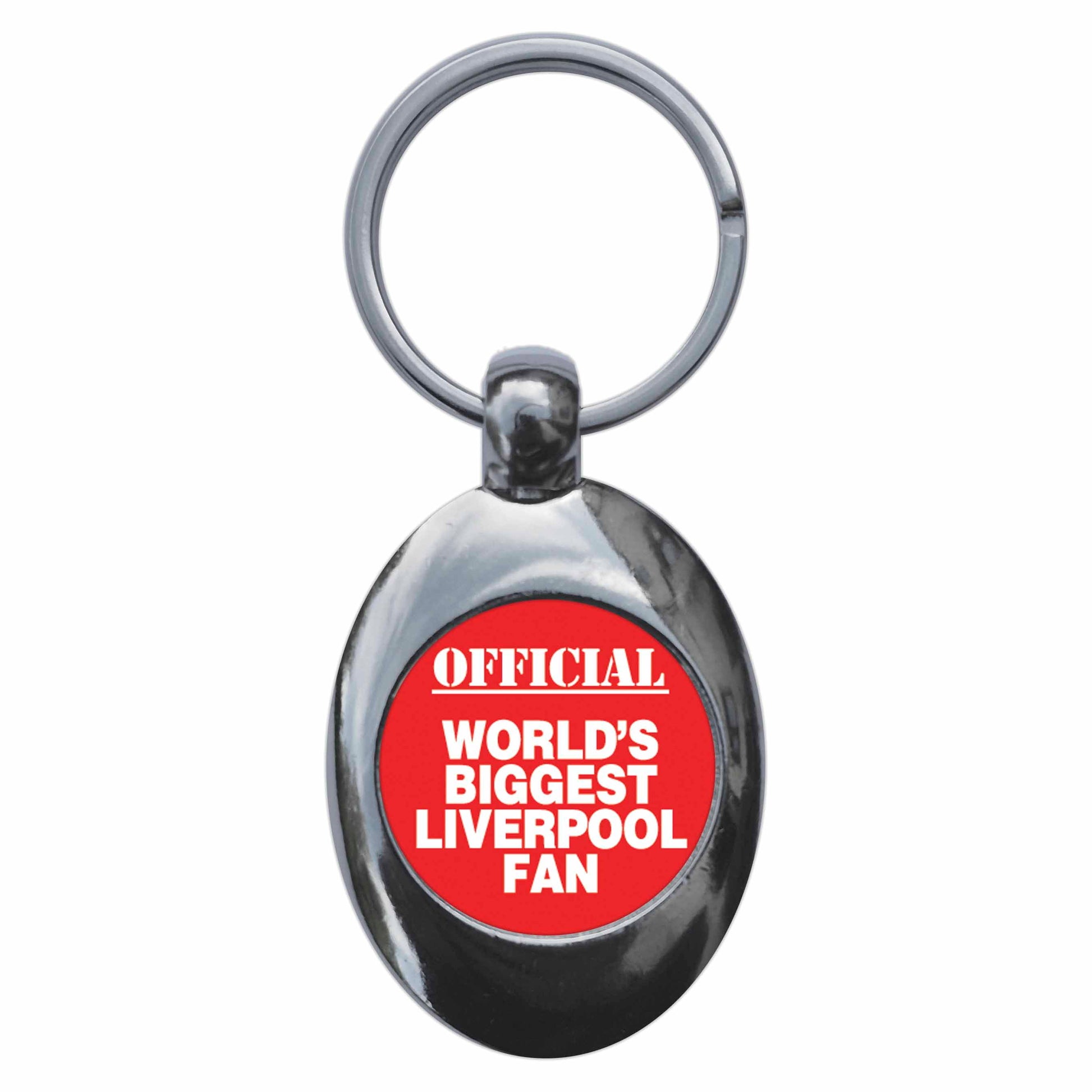 A picture of the front of the product, titled World's Biggest Liverpool Fan Metal Keyring With Trolley Coin