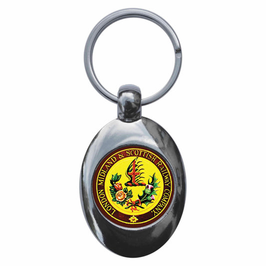 A picture of the front of the product, titled LMS London Midland Scottish Railway Coat Of Arms Metal Keyring With Trolley Coin