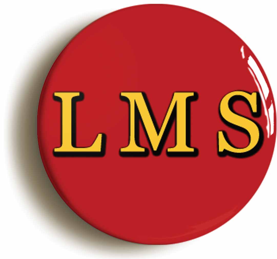 A picture of the front of the product, titled LMS London Midland Scottish Railway Logo Button Pin Badge