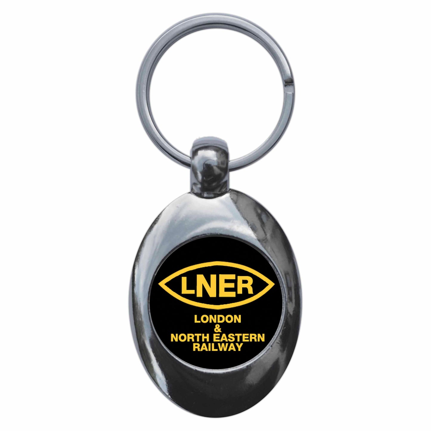 A picture of the front of the product, titled LNER Retro Logo London North Eastern Railway Metal Keyring With Trolley Coin