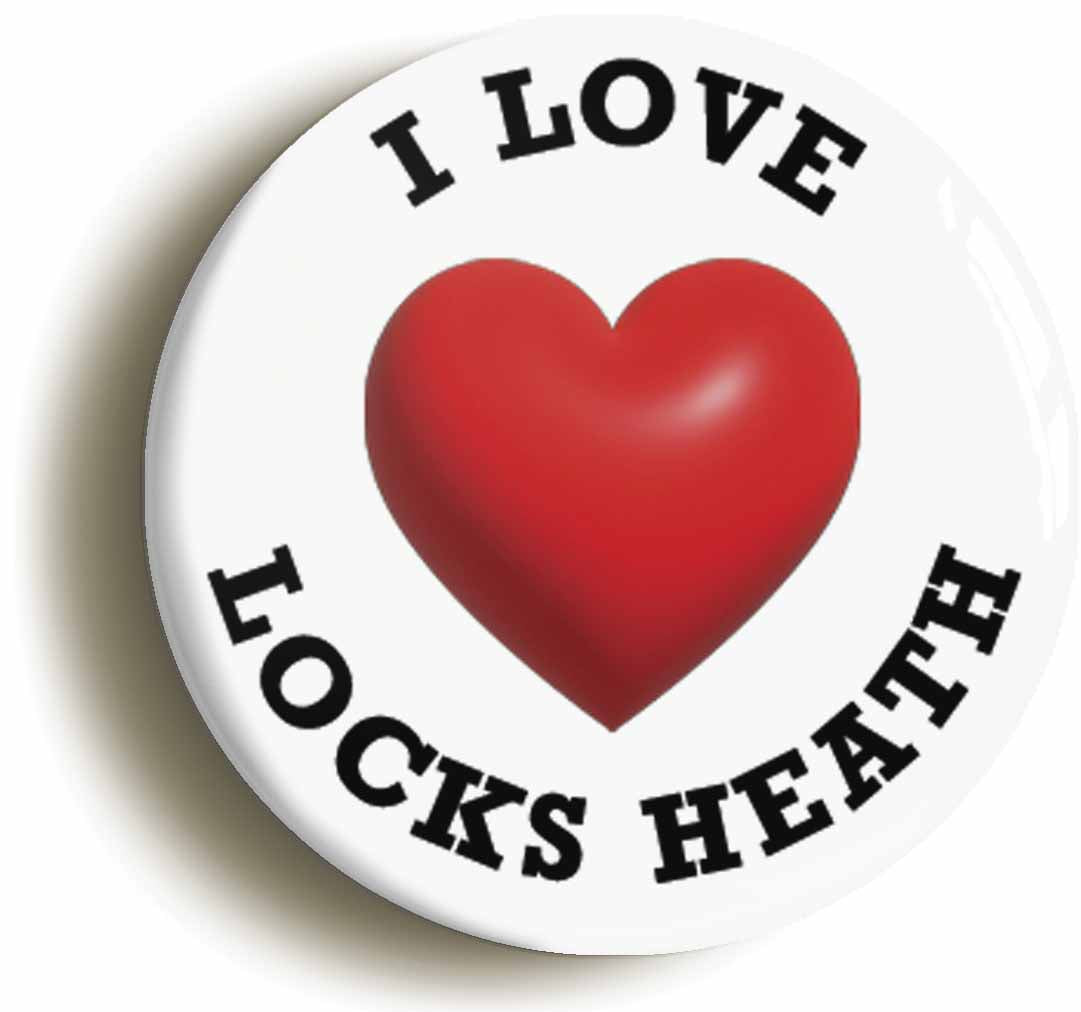 A picture of the front of the product, titled I Heart Love Locks Heath Location Circular 50mm Fridge Magnet
