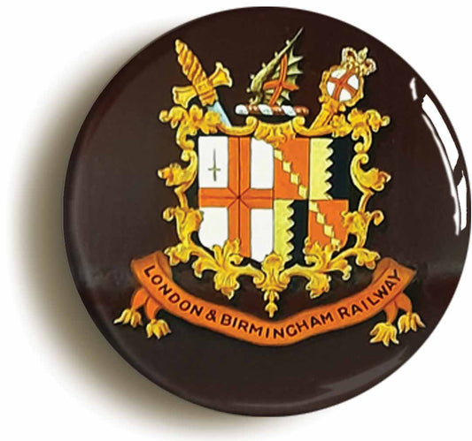 A picture of the front of the product, titled London And Birmingham Railway Coat Of Arms Button Pin Badge