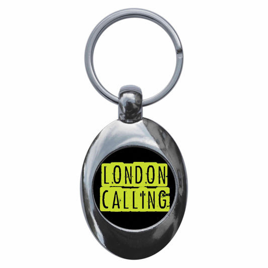 A picture of the front of the product, titled London Calling Punk Metal Keyring With Trolley Coin