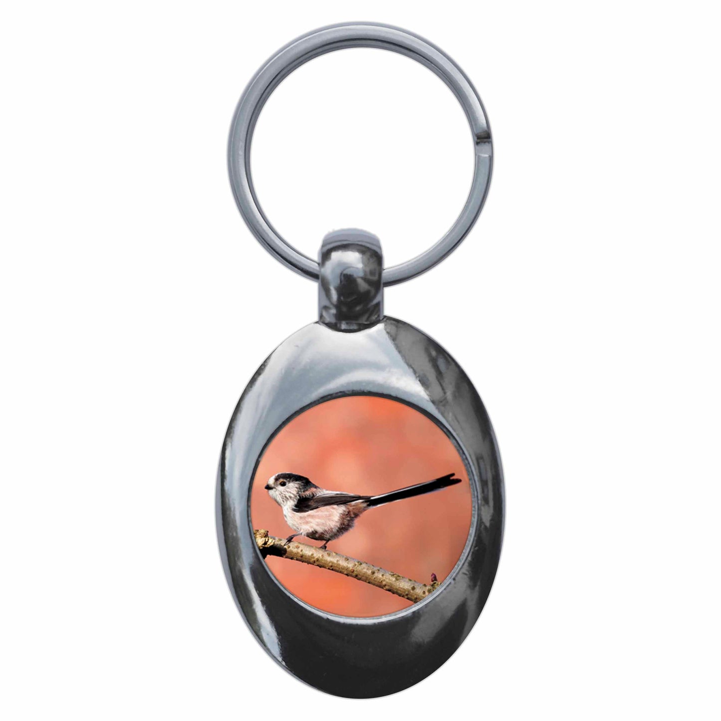 A picture of the front of the product, titled Long Tailed Tit Metal Keyring With Trolley Coin
