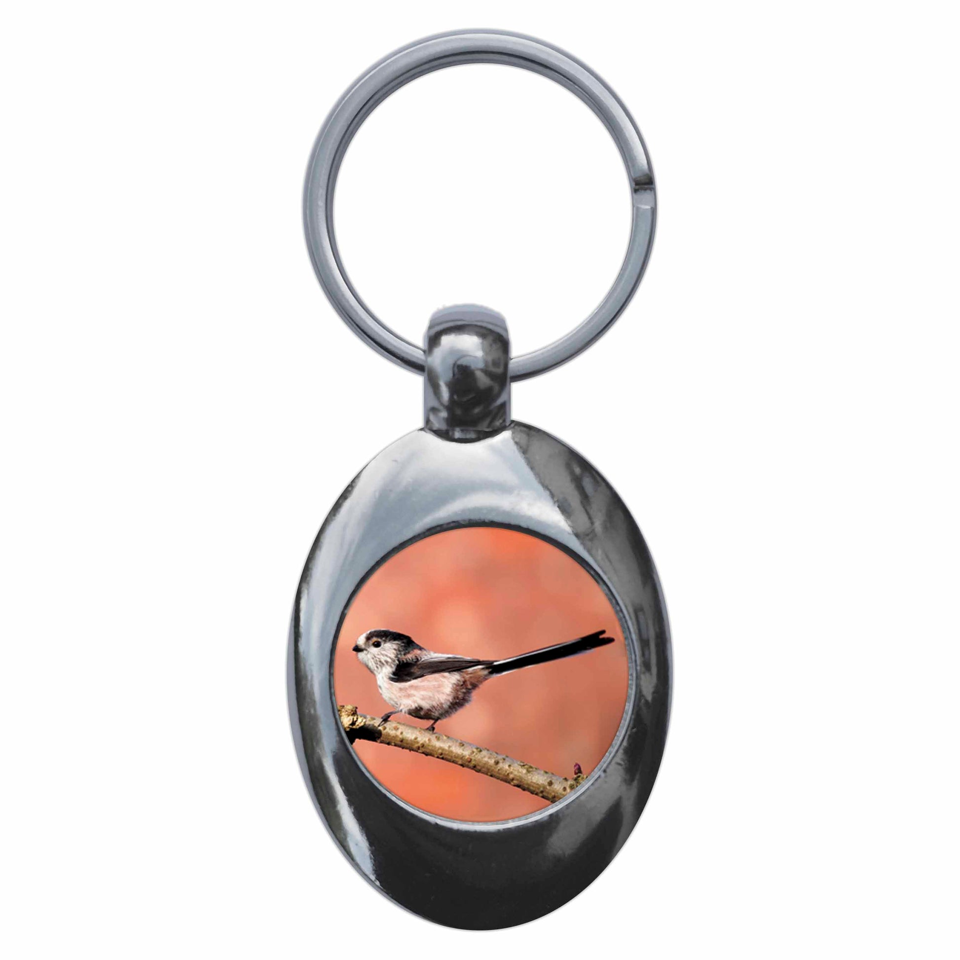 A picture of the front of the product, titled Long Tailed Tit Metal Keyring With Trolley Coin