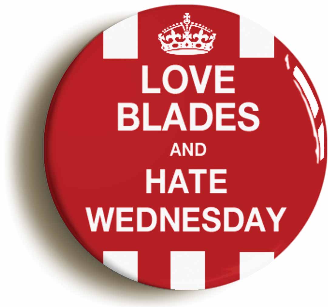 A picture of the front of the product, titled Love Blades And Hate Wednesday Funny Circular 50mm Fridge Magnet