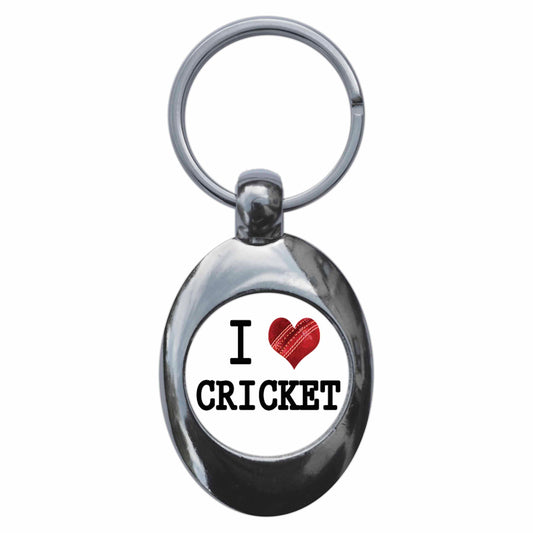 A picture of the front of the product, titled I Heart Love Cricket Metal Keyring With Trolley Coin