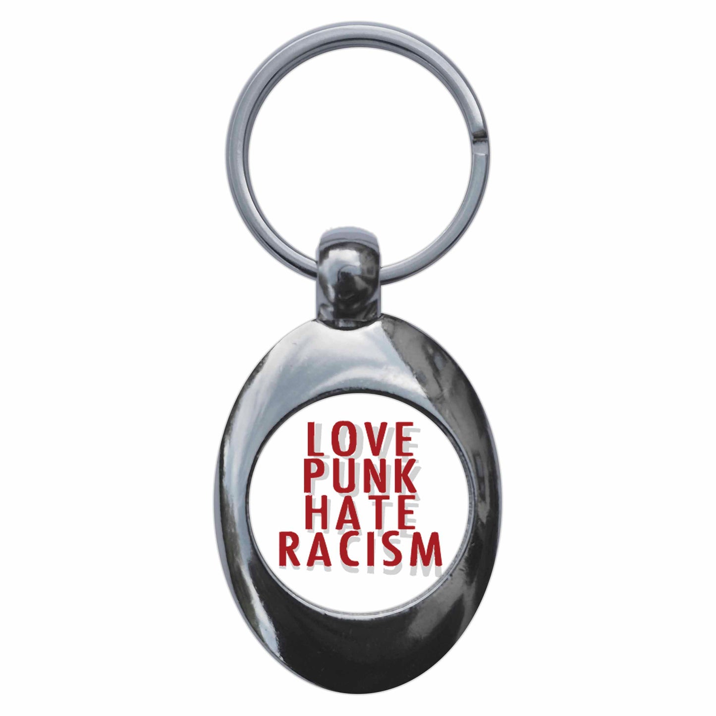 A picture of the front of the product, titled Love Punk Hate Racism Metal Keyring With Trolley Coin