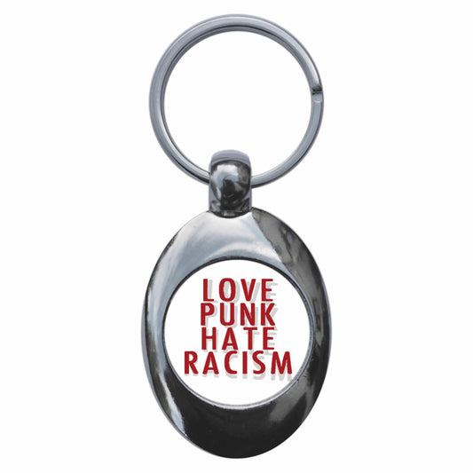 A picture of the front of the product, titled Love Punk Hate Racism Metal Keyring With Trolley Coin
