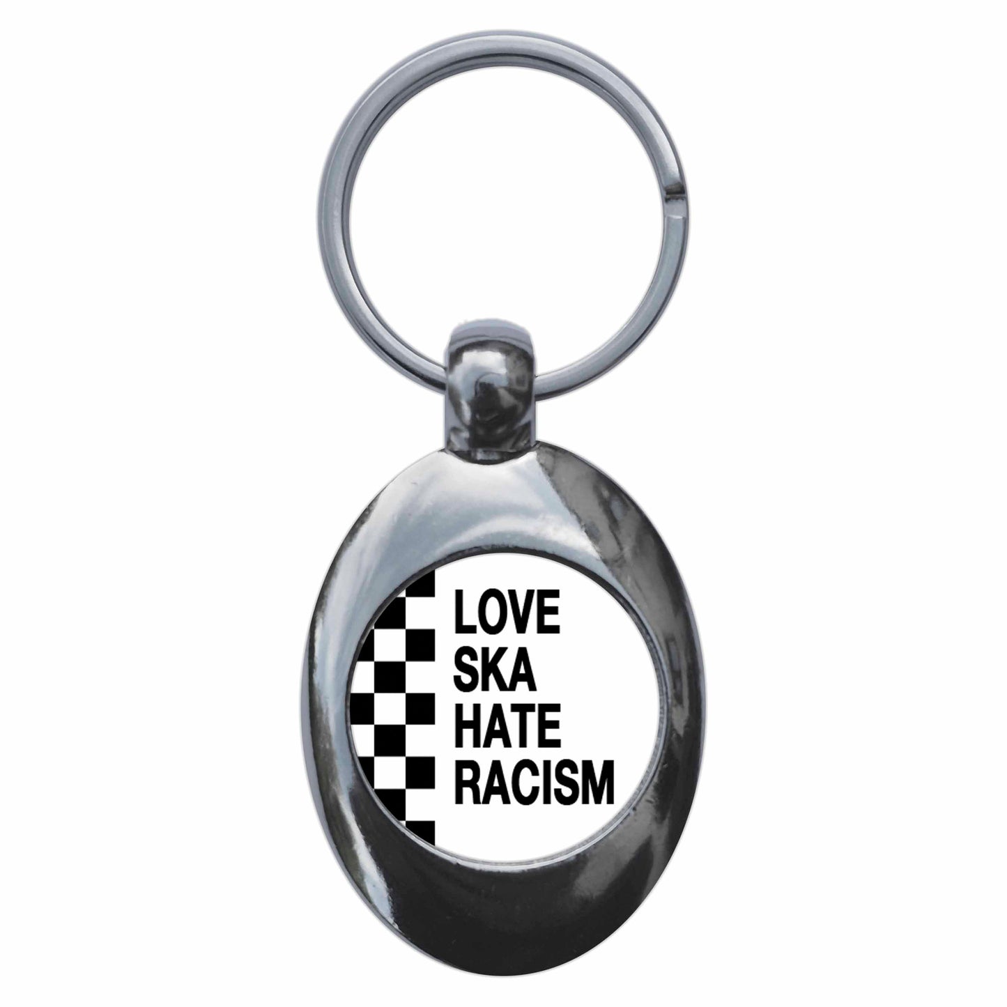 A picture of the front of the product, titled Love Ska Hate Racism Metal Keyring With Trolley Coin