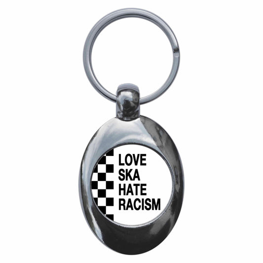 A picture of the front of the product, titled Love Ska Hate Racism Metal Keyring With Trolley Coin