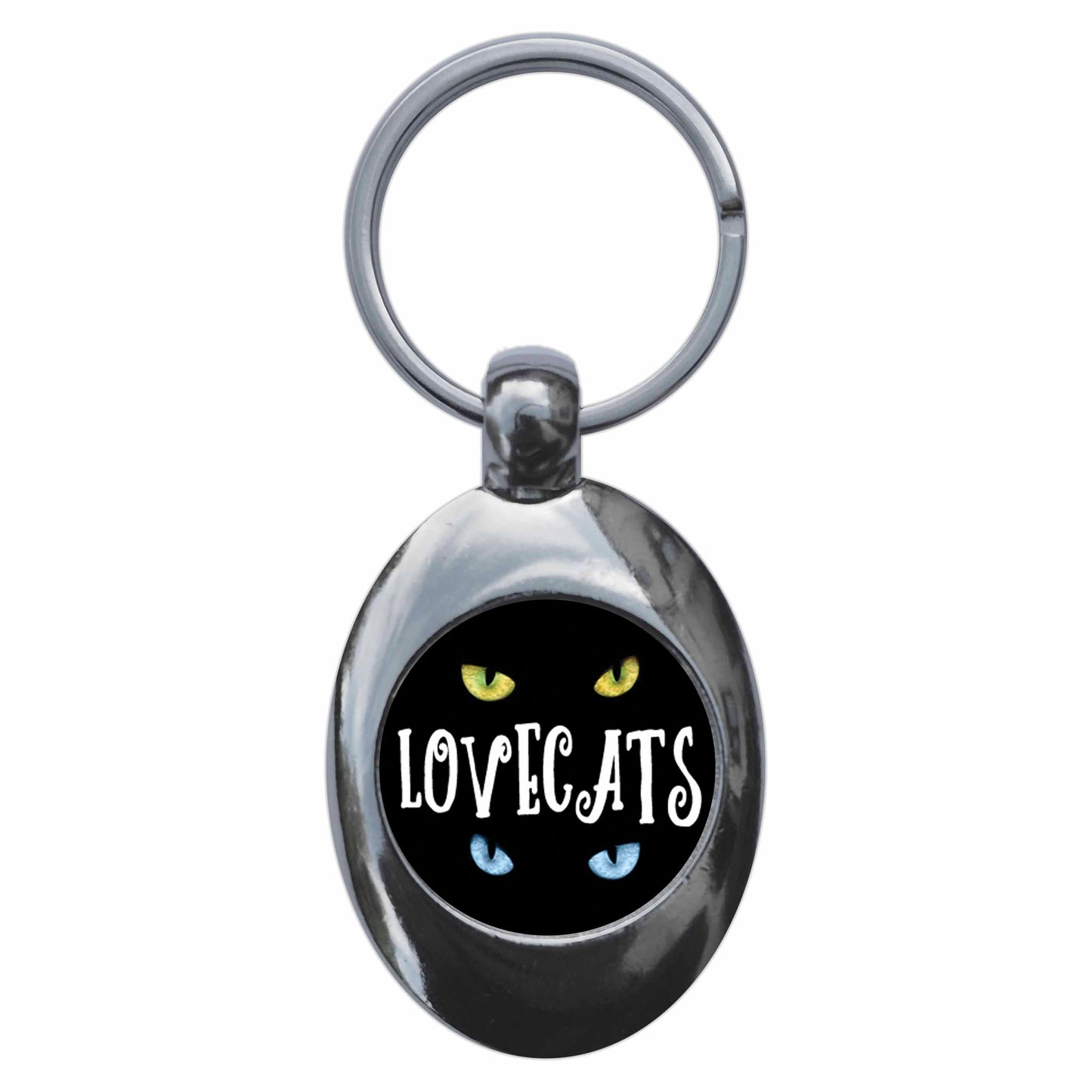 A picture of the front of the product, titled Lovecats Metal Keyring With Trolley Coin