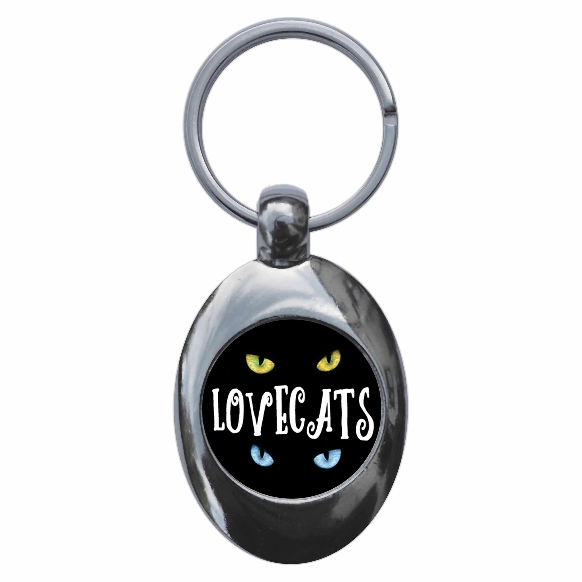 A picture of the front of the product, titled Lovecats Metal Keyring With Trolley Coin