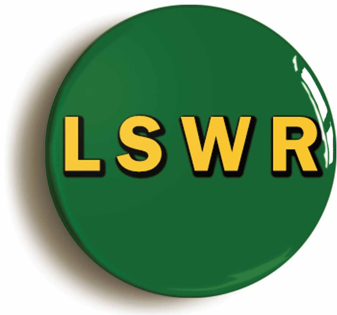 A picture of the front of the product, titled LSRW London And South Western Railway Button Pin Badge