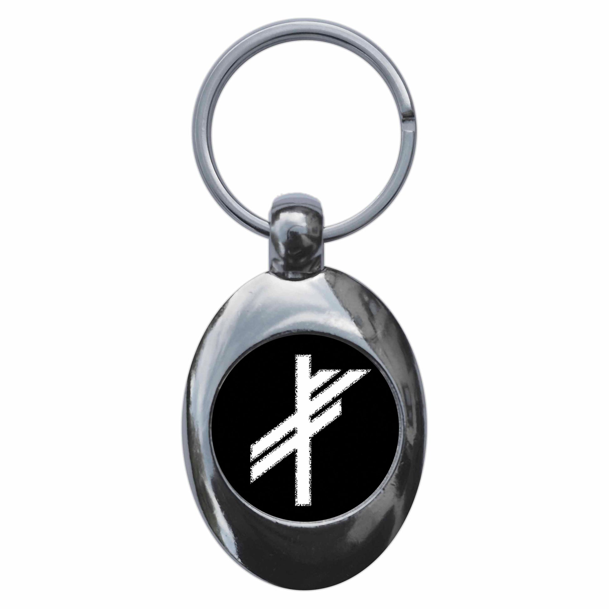A picture of the front of the product, titled Viking Luck Rune Metal Keyring With Trolley Coin