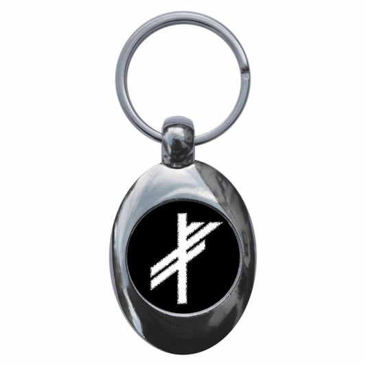A picture of the front of the product, titled Viking Luck Rune Metal Keyring With Trolley Coin
