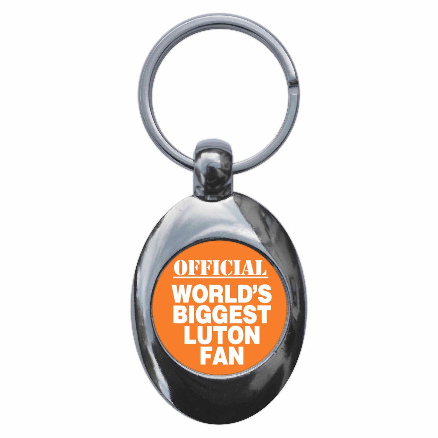 A picture of the front of the product, titled World's Biggest Luton Fan Metal Keyring With Trolley Coin