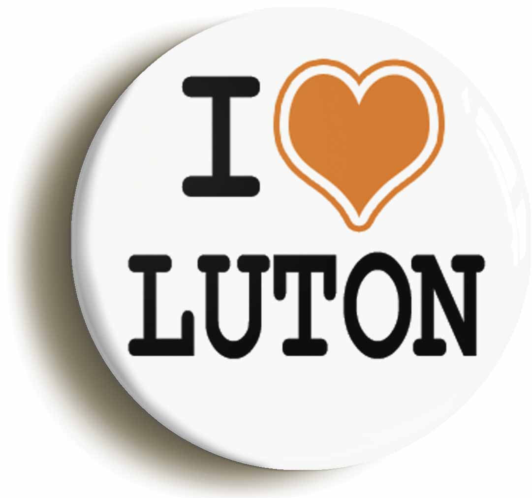 A picture of the front of the product, titled I Heart Love Luton Button Pin Badge