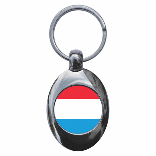 A picture of the front of the product, titled Luxembourg National Flag Metal Keyring With Trolley Coin