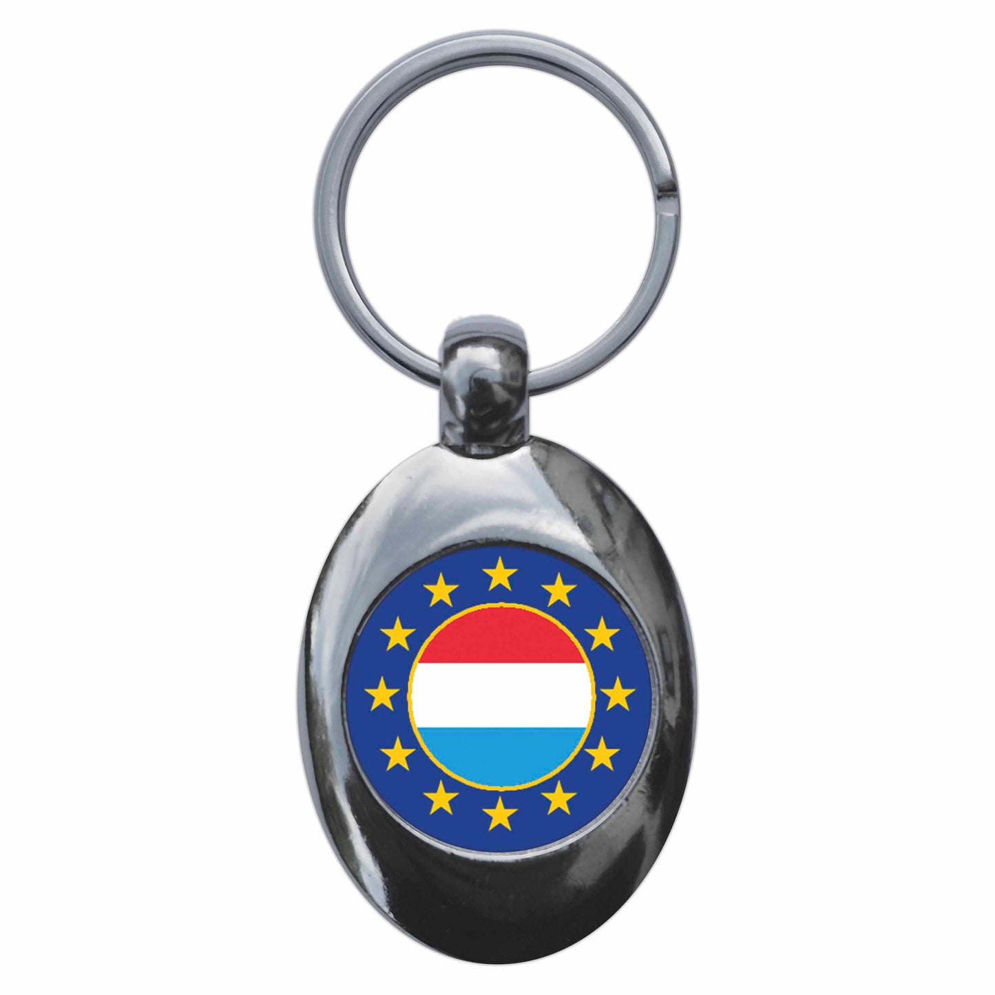 A picture of the front of the product, titled Luxembourg European Union Split Flag Metal Keyring With Trolley Coin