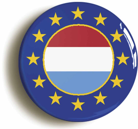 A picture of the front of the product, titled Luxembourg European Union Split Flag Circular 50mm Fridge Magnet