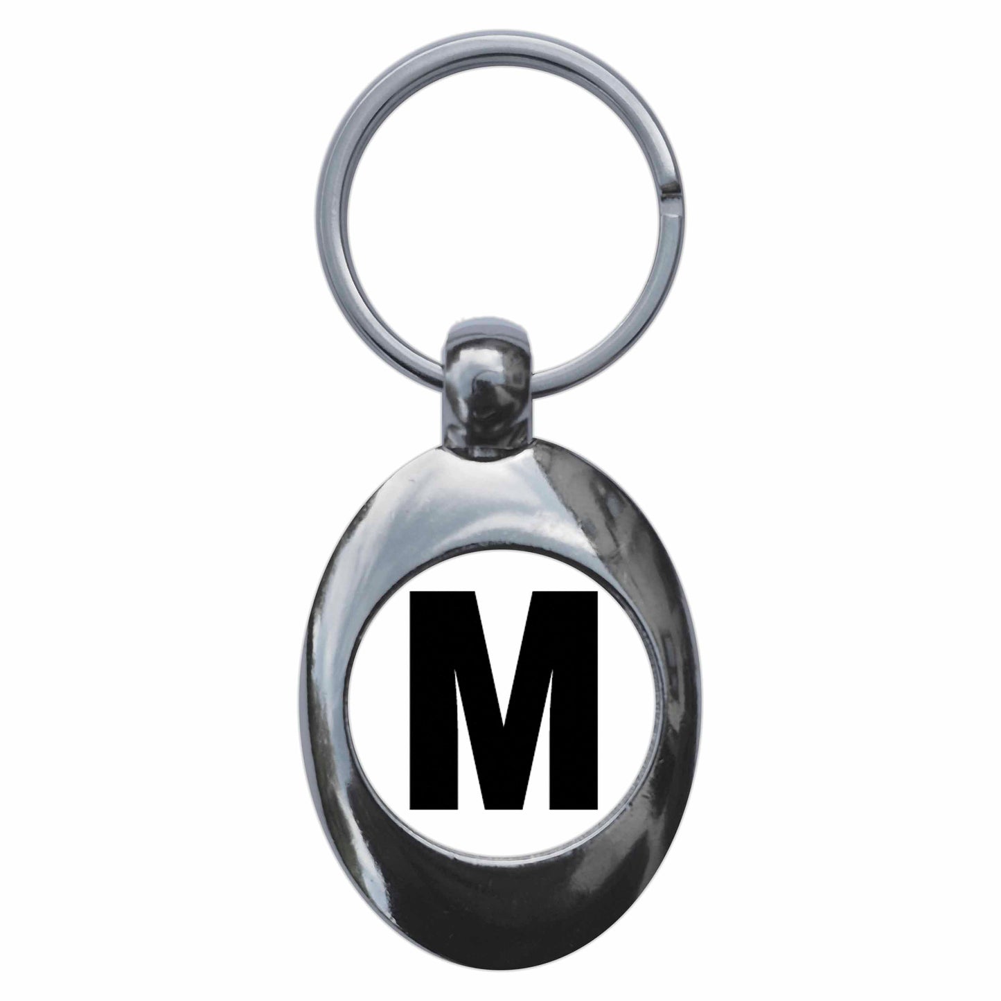 A picture of the front of the product, titled Letter M Metal Keyring With Trolley Coin