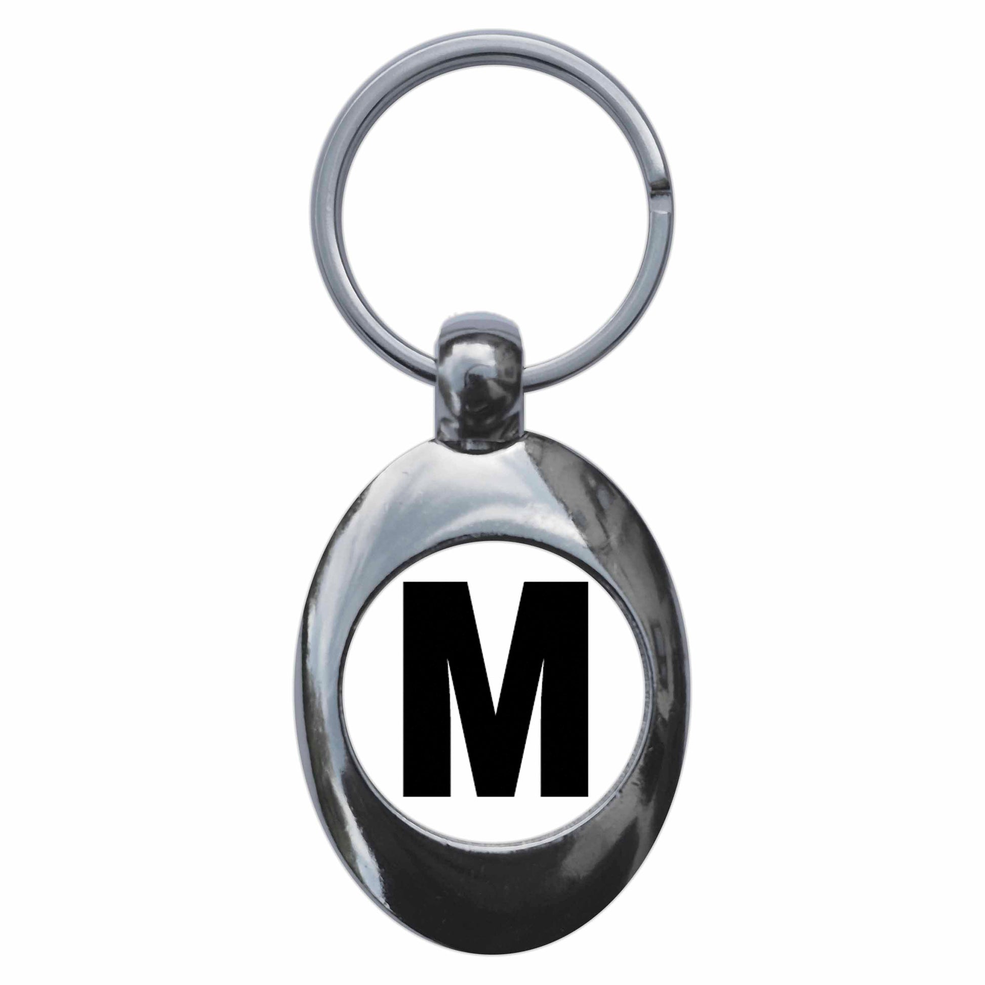 A picture of the front of the product, titled Letter M Metal Keyring With Trolley Coin