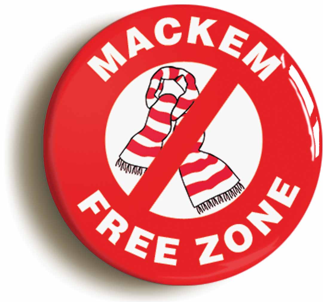 A picture of the front of the product, titled Mackem Free Zone Button Pin Badge